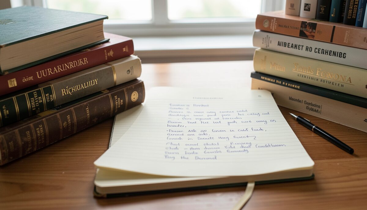 A notebook page listing references by hand next to a stack of library books