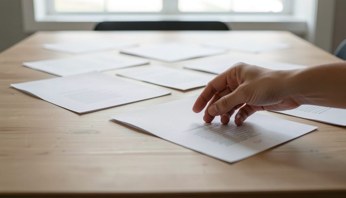 A hand moving paper page mockups around on a broad tabletop