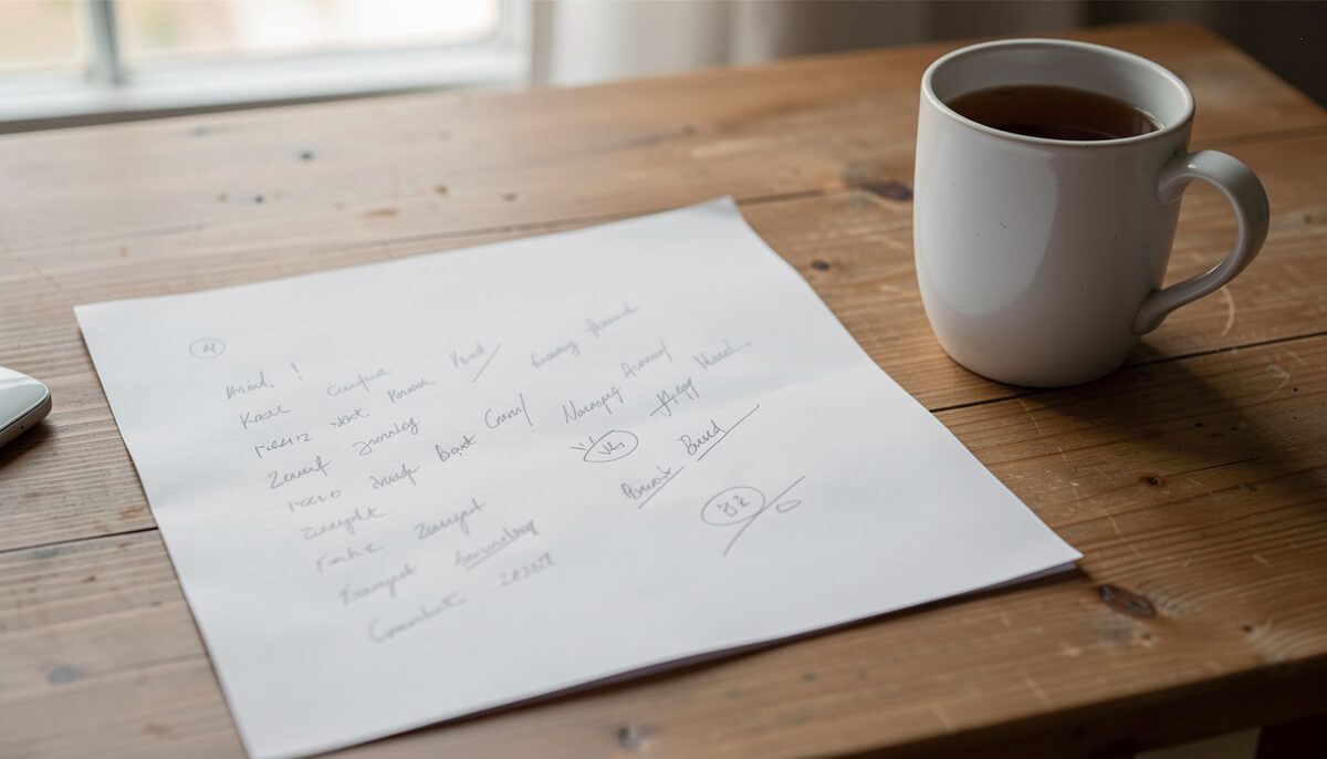 A printed draft covered in pencil marks on a wooden desk near a mug of tea