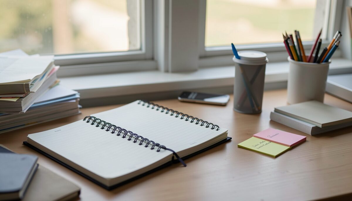 A cluttered desk with a notebook, loose index cards and a pencil cup beside a window