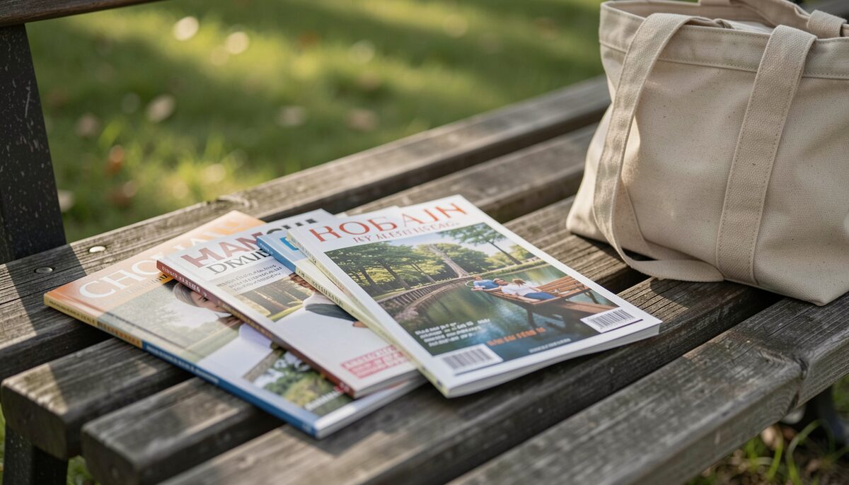 Several thin magazines fanned out on a bench with a canvas tote bag nearby