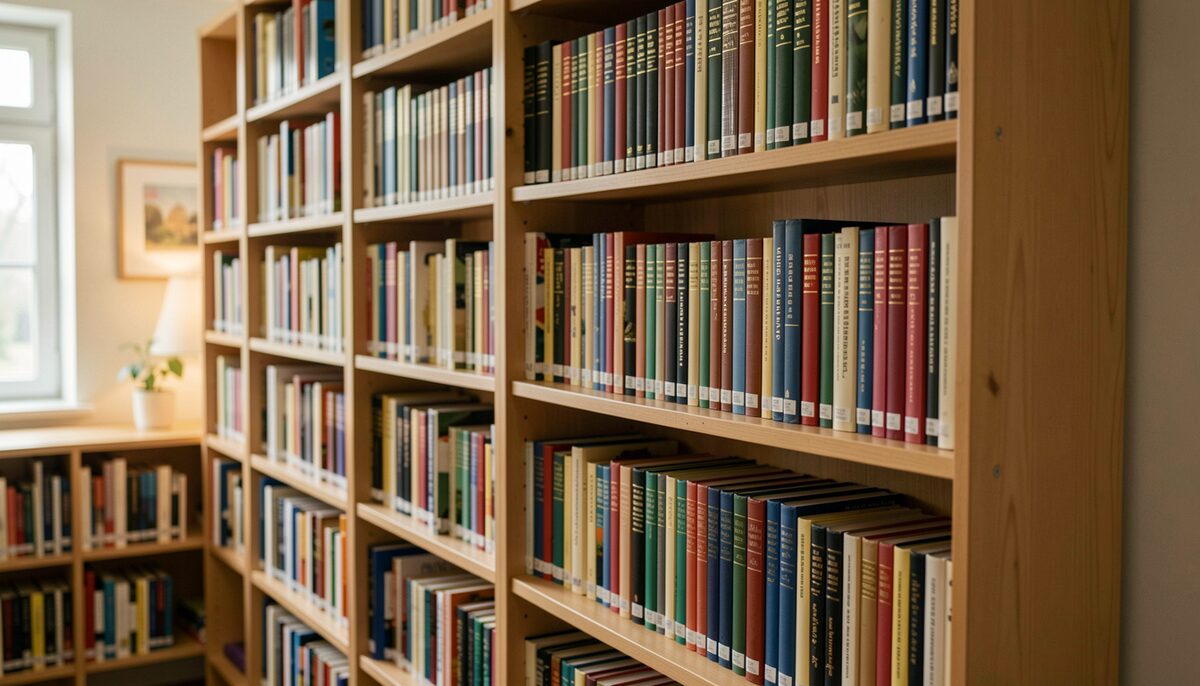 Shelf of slim bound periodicals in a community reading room with soft daylight