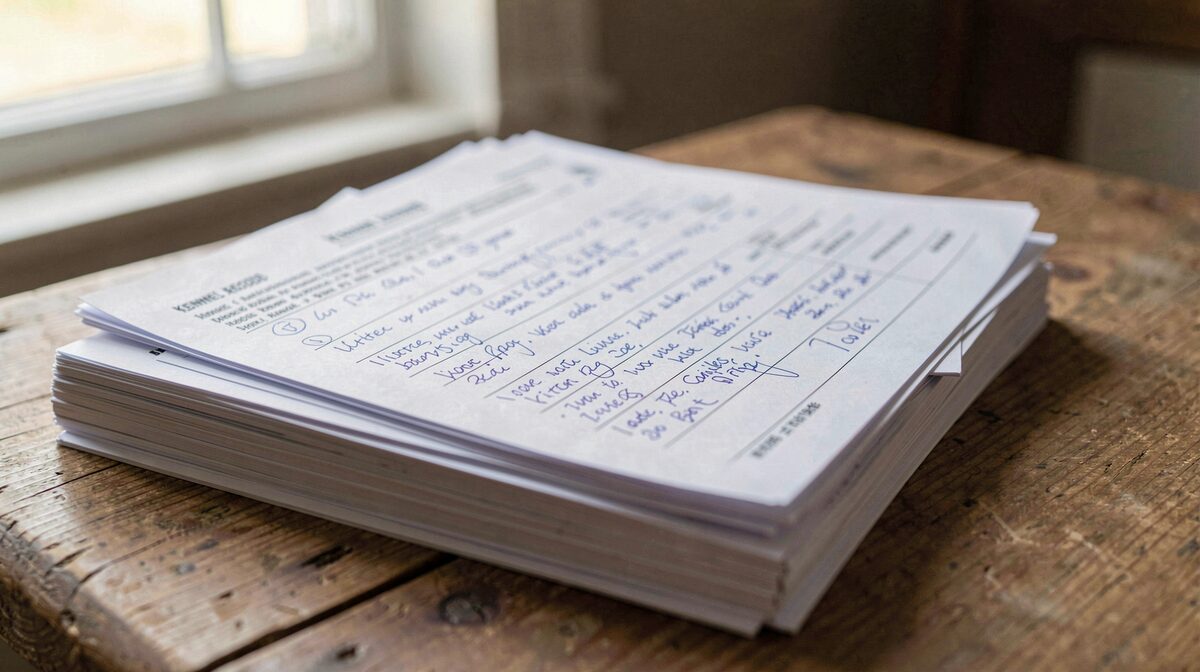 A stack of printed kennel record pages with handwritten litter notes on a wooden table in soft window light, close framing.