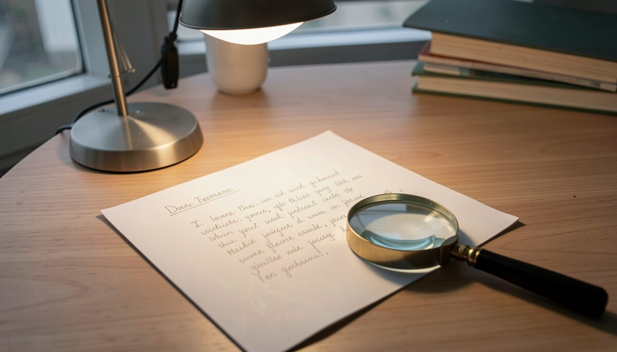 A single handwritten page under a desk lamp with a magnifying glass at its corner