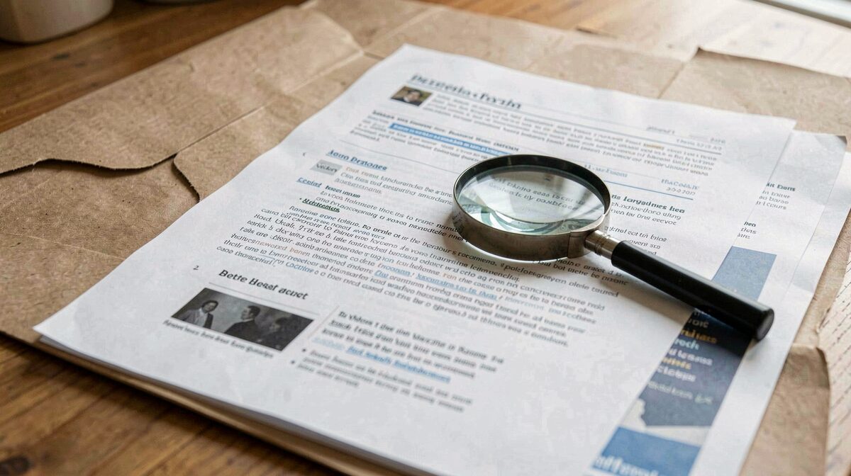 A manila folder of printed web pages spread on a wooden desk beside a magnifying glass, lit by soft window light, close framing on the top page.