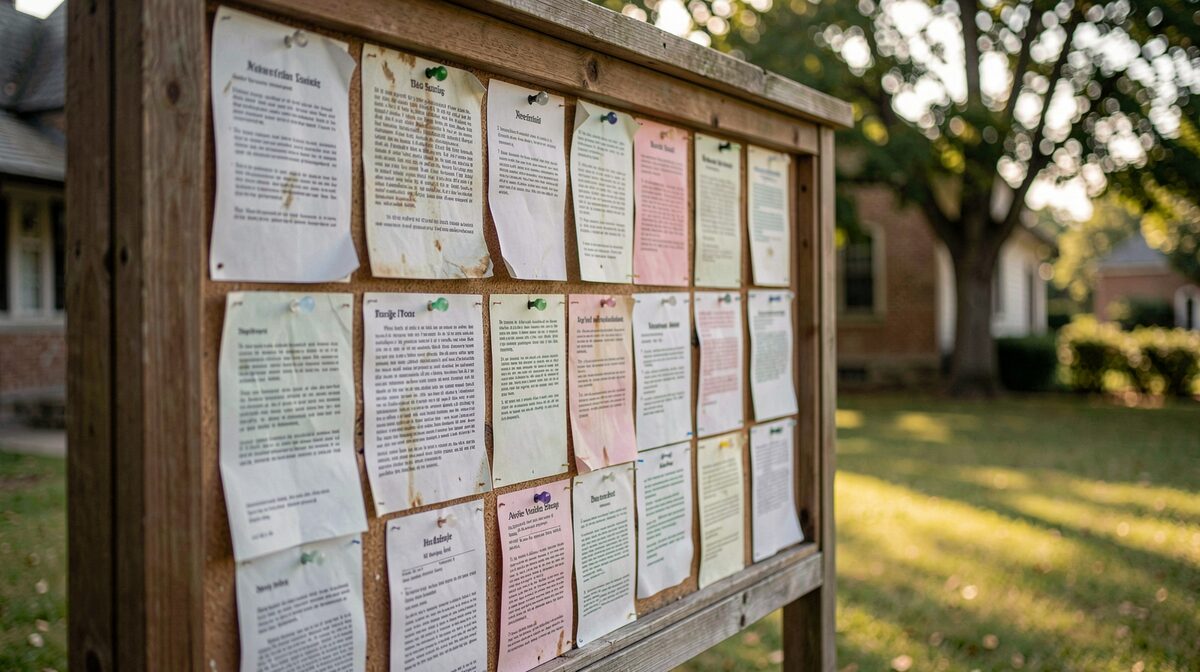 A church notice board outdoors, weathered paper notices pinned in rows, photographed in soft morning light with a shallow depth of field.