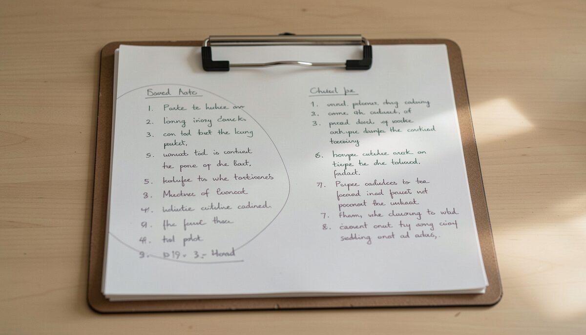Two columns of handwritten notes on a clipboard with one column circled lightly