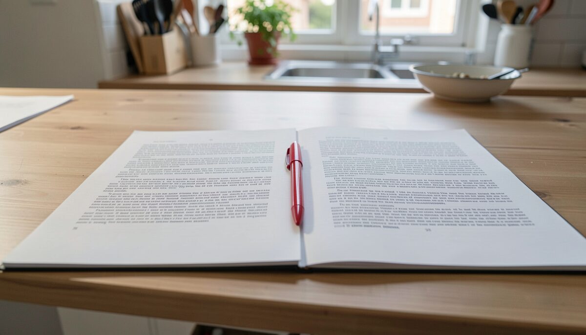 Two proof pages side by side on a kitchen table with a red pen resting between them