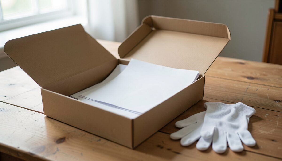 An open document box with a few loose papers and white cotton gloves beside it