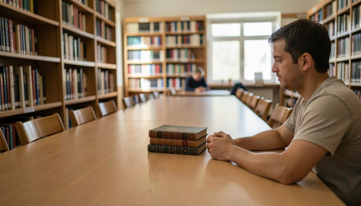 A reader seated at a long library table with a small stack of bound volumes