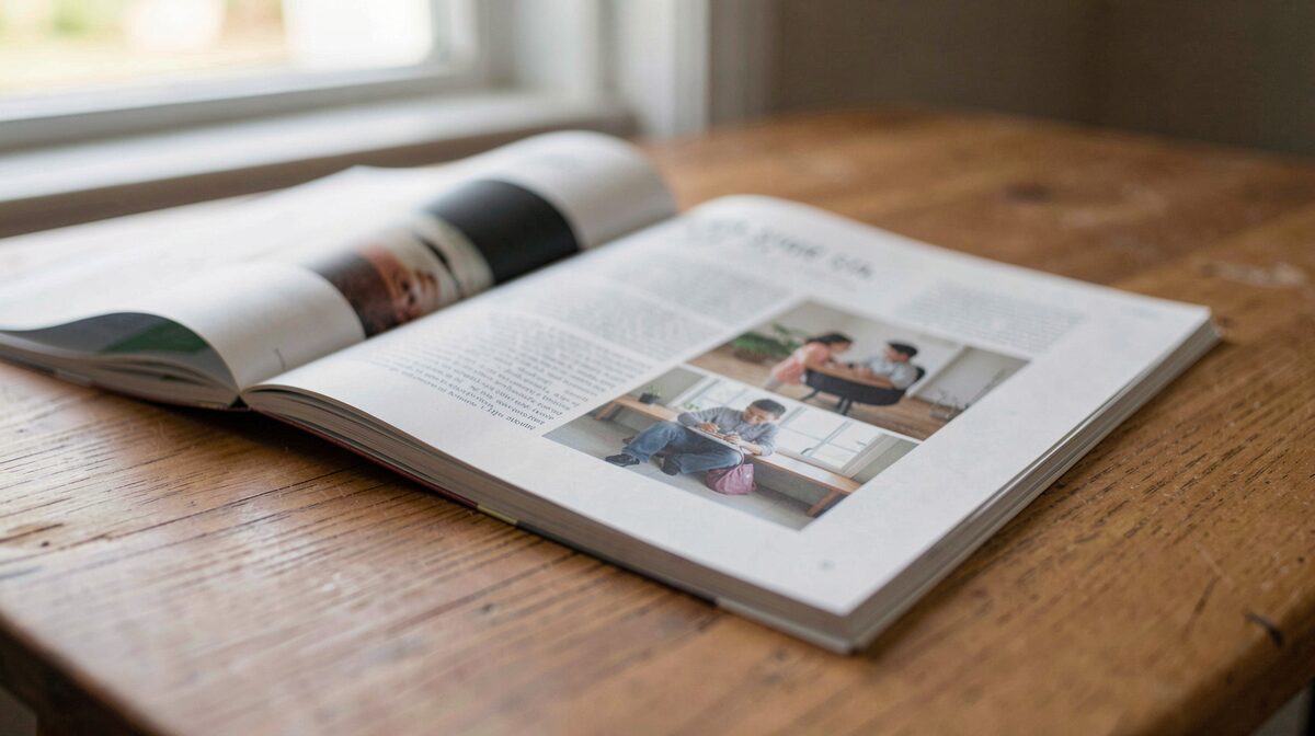 A close-up of a printed magazine open on a wooden reading table, soft daylight from a nearby window, shallow depth of field.