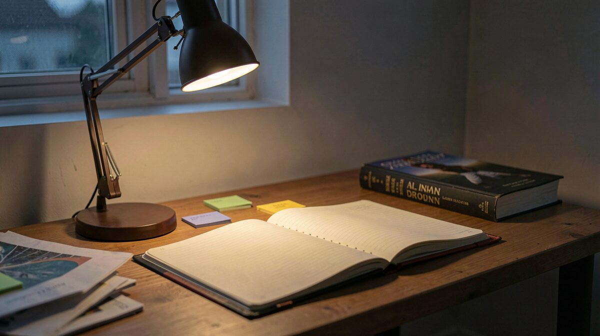 A desk lamp lit study table at dusk with an open notebook, index cards and a library book.