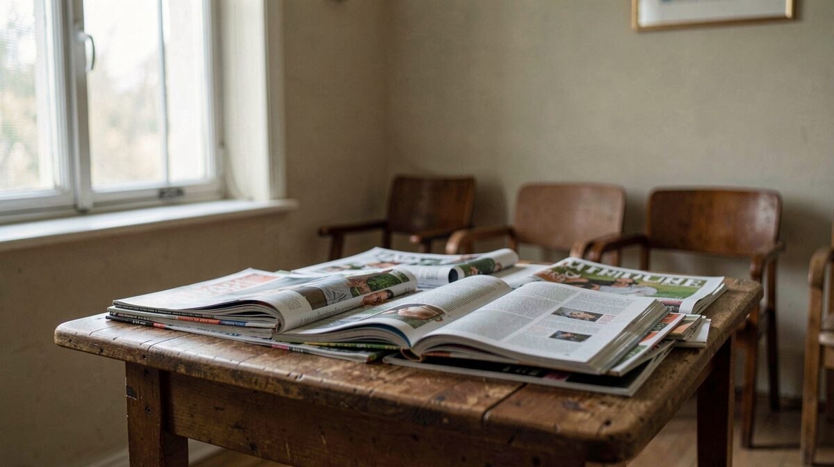 A quiet reading room with a wooden table stacked with open magazines, soft daylight from a tall window, close framing on one open page.
