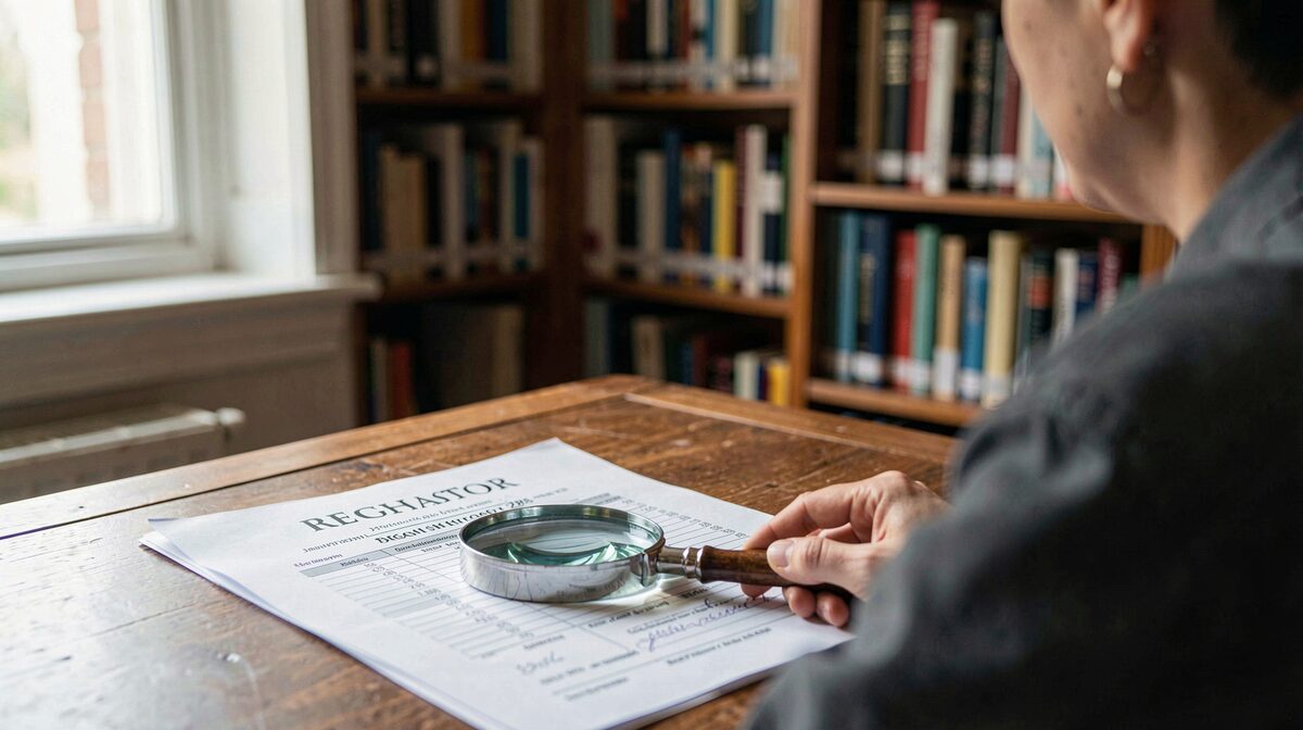 A researcher's desk in a quiet library, a magnifying glass resting on a printed registrar record, soft window light from the left, framed as a close-up over the shoulder.