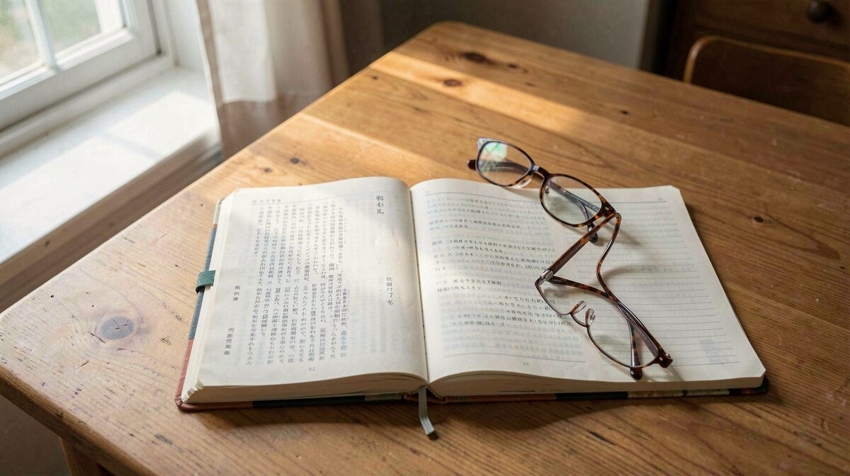 A kitchen table with a Japanese language textbook, an open notebook, and a pair of reading glasses in soft morning window light, shot from above.