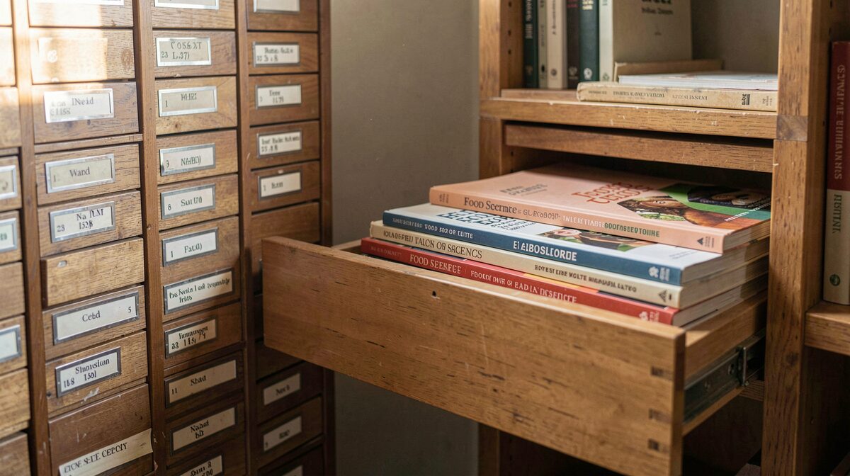A quiet archive room in the morning, a wooden card catalog drawer pulled open beside stacked food science journals, soft window light on the labels.