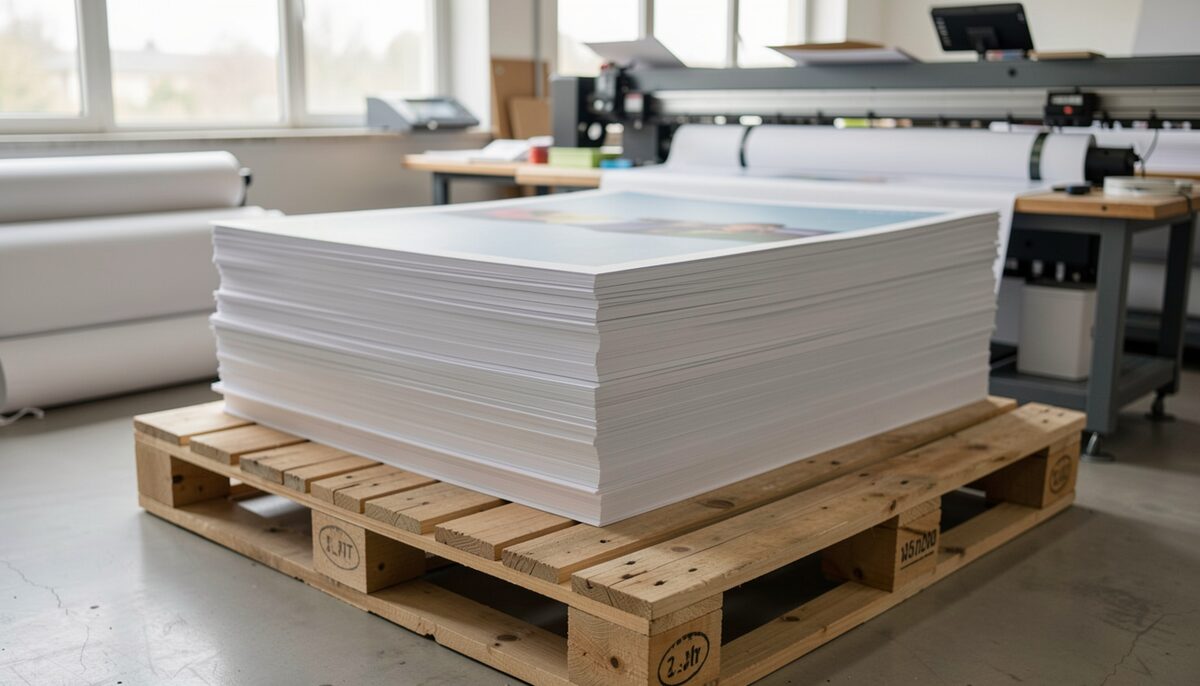 A stack of freshly printed paper sheets resting on a pallet in a print workshop
