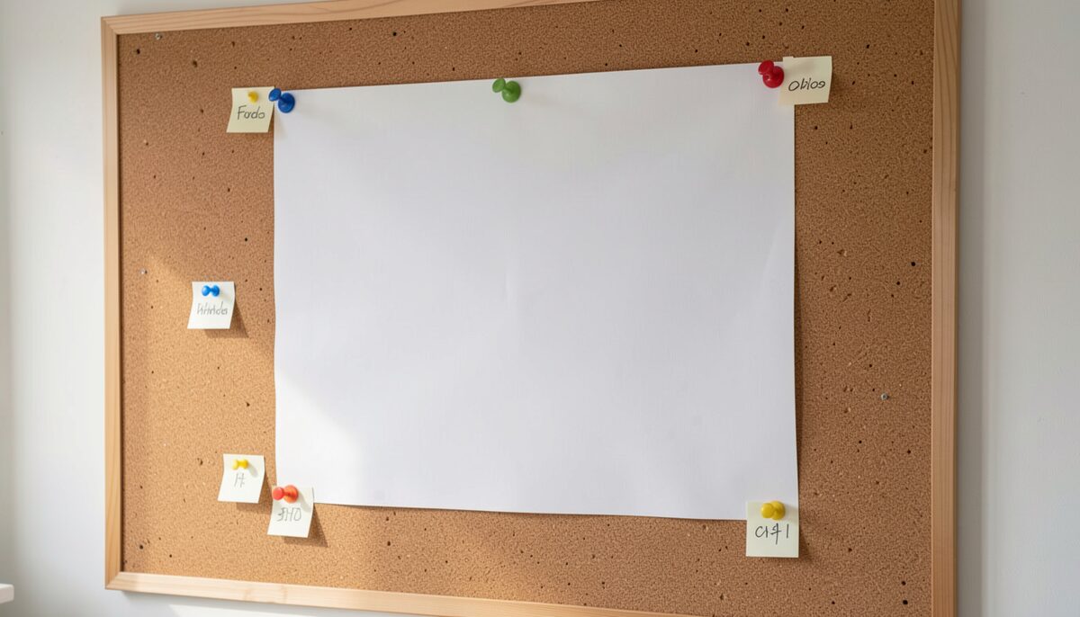 A wide sheet of paper pinned to a corkboard with small marked notes around its edges